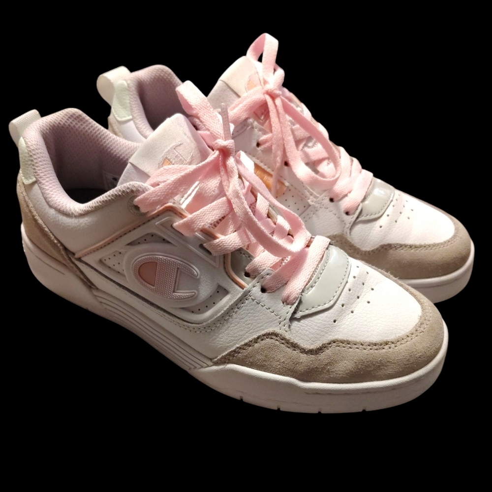 Champion Women's 5 On 5 Lo White Pink Lace Up Low Top Sneakers & NEW Laces, 7.5